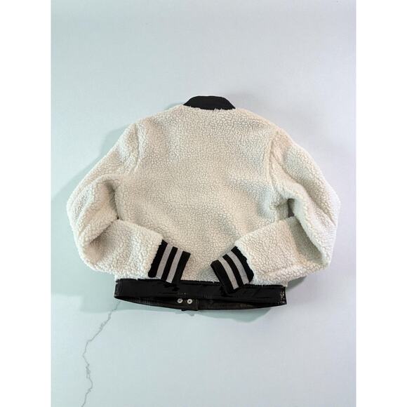 Handmade Black & White Shearling Moto Jacket Patent Leather Contrast, Cropped - Picture 2 of 16